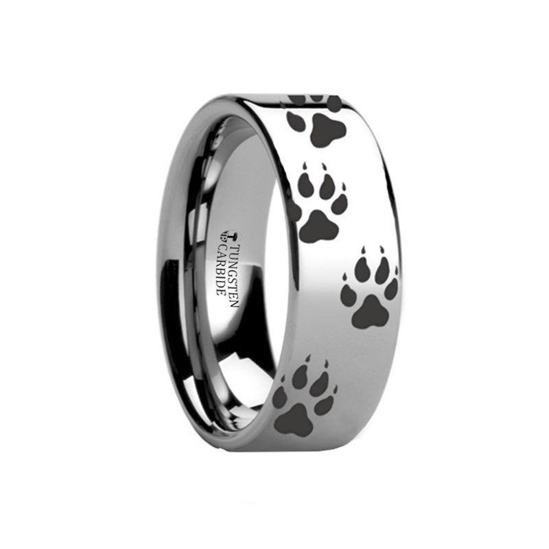 Animal Track Wolf Print Ring Engraved Flat Tungsten Polished- 4mm