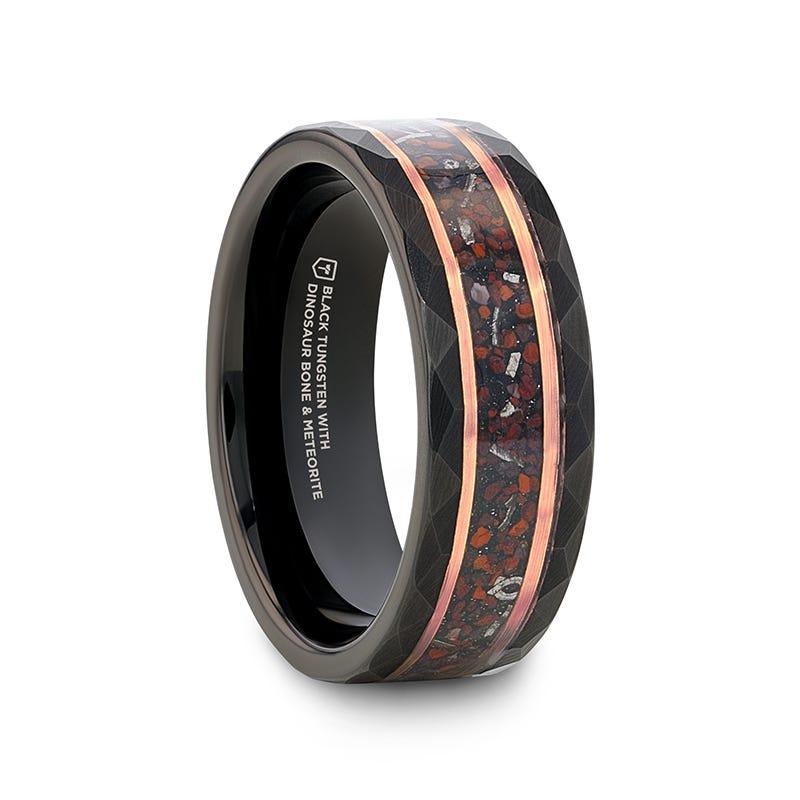 INFERNO Black/Rose Hammered Tungsten Carbide Ring with Dinosaur