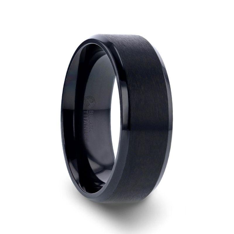 Classic Black Stainless Steel Flat Band Ring with Beveled Edges