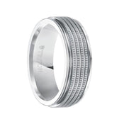 LEITH White Tungsten Carbide Comfort Fit Flat Wedding Band with Multi Coin Edge Textured Center and Polished Rims by Triton Rings - 7.5 mm - Larson Jewelers