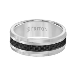 GABRIEL Polished Step Edge Comfort Fit Tungsten Carbide Band with Raised Brushed Center and Black Carbon Fiber Inlay by Triton Rings - 8 mm - Larson Jewelers