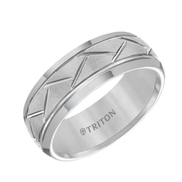 HARLAND Domed Tungsten Comfort Fit Ring Brushed Finish Diagonal Cuts and Dual Grooves by Triton Rings - 8 mm - Larson Jewelers