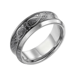 HUGO Beveled Tungsten Carbide Comfort Fit Band with Black Concave Center and Dragon Pattern Engraving by Triton Rings - 8mm - Larson Jewelers