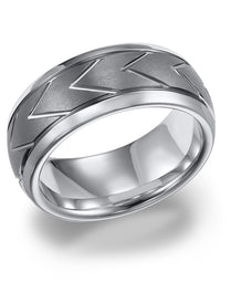 JED Domed White Tungsten Carbide Comfort Fit Band with Brush Finished Center and Chevron Pattern Cuts by Triton Rings - 8mm - Larson Jewelers