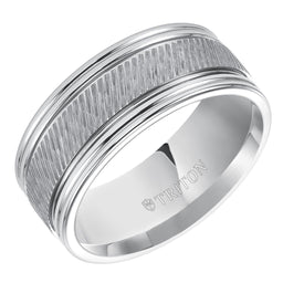 LARS Flat Pipe Cut White Tungsten Carbide Ring with Center Diagonal Coin Edge Texture and Polished Grooved Edges by Triton Rings - 9mm - Larson Jewelers