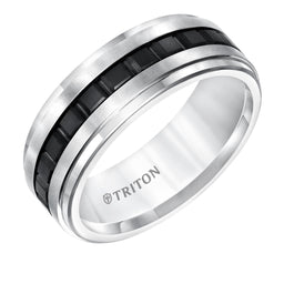 8MM Step Edge Flat Black and White Tungsten Comfort Fit Band with Center Texture - Larson Jewelers