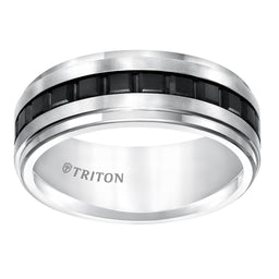 8MM Step Edge Flat Black and White Tungsten Comfort Fit Band with Center Texture - Larson Jewelers