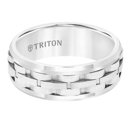 White Tungsten Polished Beveled Wedding Band with Brushed Link Design by Triton Rings - 8mm - Larson Jewelers