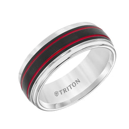 White Tungsten Black Matte Center Red Dual Grooved Wedding Ring with Polished Round Edges by Triton Rings - 8mm - Larson Jewelers