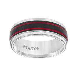 White Tungsten Black Matte Center Red Dual Grooved Wedding Ring with Polished Round Edges by Triton Rings - 8mm - Larson Jewelers