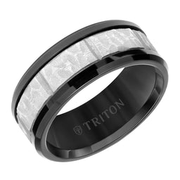 Black Tungsten Sandblasted Hammered Grooved Center Wedding Ring with Polished Beveled Edges by Triton Rings - 9mm - Larson Jewelers