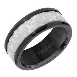 Black Tungsten Two-Tone Polished Beveled Edges Wedding Ring with Sandblasted Textured Center by Triton Rings - 9mm - Larson Jewelers