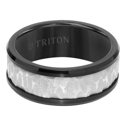 Black Tungsten Two-Tone Polished Beveled Edges Wedding Ring with Sandblasted Textured Center by Triton Rings - 9mm - Larson Jewelers