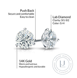 Single 14k White Gold 3-Prong Solitaire Martini Stud Earring with Round Lab Grown Diamond