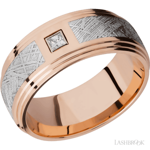 14K Rose Gold flat band with a double grooved edge, a meteorite inlay and a princess cut diamond - 9MM - Larson Jewelers