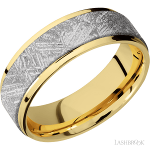 14K Yellow Gold with Polish Finish and Meteorite Inlay Flat Grooved Edges - 7MM - Larson Jewelers