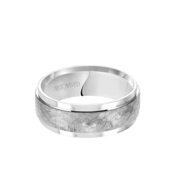 14k White Gold Wedding Band Flat Hammered Brushed Raised Center Finish with Flat Edges- 8 mm - Larson Jewelers