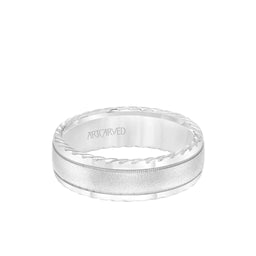 14k White Gold Wedding Band Domed Sandblasted Center Design with Milgrain Rope Edges- 7 mm - Larson Jewelers