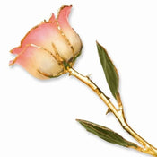 Lacquered Pink & White Long Stem Rose Dipped in Gold - Larson Jewelers