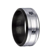 WHEATLY Torque Black & White Cobalt Wedding Band Brushed Finish Center Dual Grooved Sapphires Beveled Edges - 9 mm - Larson Jewelers