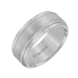 FREDERICK Step Edge Tungsten Carbide Comfort Fit Ring with Raised Brushed Center and Polished Offset Grooves by Triton Rings - 9 mm - Larson Jewelers