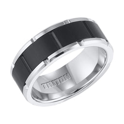 KONRAD Polished Finished Edges Tungsten Carbide Ring with Brushed Black Finished Center and Alternating Vertical Grooves by Triton Rings - 8.5 mm - Larson Jewelers