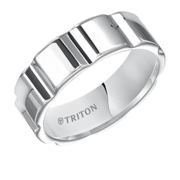 MORGAN Flat Bright Polished White Tungsten Carbide Comfort Fit Wedding Band with Vertical V cuts by Triton Rings - 7 mm - Larson Jewelers