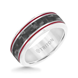 Beveled Tungsten Wedding Band with Carbon Fiber Inlay & Red Dual Grooves by Triton Rings - 8mm - Larson Jewelers