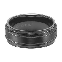 FRASIER Step Edge Black Tungsten Carbide Comfort Fit Ring with Raised Brushed Center and Polished Offset Grooves by Triton Rings - 9 mm - Larson Jewelers