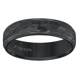 BRAITH Black Tungsten Carbide Step Edge Comfort Fit Band with Satin Hammer Texture by Triton Rings - 6mm - Larson Jewelers