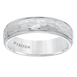 BESART White Tungsten Carbide Step Edge Comfort Fit Band with Satin Hammer Texture by Triton Rings - 6mm - Larson Jewelers