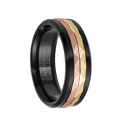 Brushed Black Cobalt Men’s Wedding Ring with Faceted 14k Rose & Yellow Gold Inlay - 7.5mm - Larson Jewelers