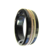 Men’s Black Cobalt Wedding Ring 14k Yellow & Rose Gold Coin Edge Inlay - 7.5 mm - Larson Jewelers