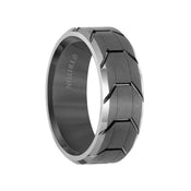 Grey Tungsten Wedding Ring with Grooved Tire Tread Pattern & Polished Beveled Edges by Triton Rings - 8mm - Larson Jewelers