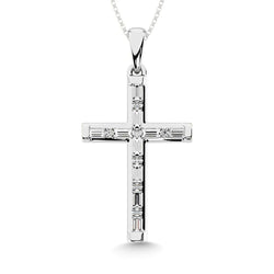 Diamond 1/6 Ct.Tw. Round and Baguette Cut Cross Pendant in 10K White Gold - Larson Jewelers