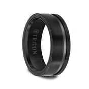 EZRA Black Tungsten Flat Satin Finish Ring with Single Polished Offset Groove 8mm - Larson Jewelers