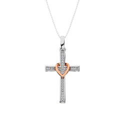 10K White Gold 1/10 Ct.Tw. Diamond Cross Pendant with Rose Gold Heart - Larson Jewelers