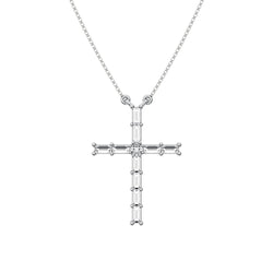 10K White Gold 1/4 Ct.Tw. Diamond Round and Baguette Cross Necklace