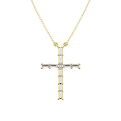 10K Yellow Gold 1/4 Ct.Tw. Diamond Round and Baguette Cross Necklace