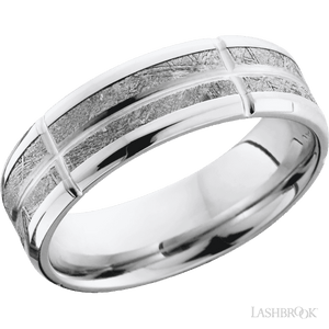 Cobalt Chrome beveled band with a meteorite inlay and grooves - 7MM - Larson Jewelers