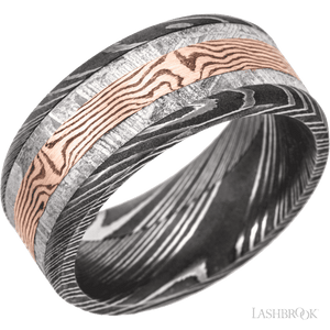 Damascus beveled band with meteorite and mokume inlays - 9MM - Larson Jewelers