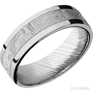 10K White Gold with Polish Finish and Meteorite Inlay and Damascus - 7MM - Larson Jewelers