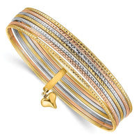 14K w/Dangle Heart Tri-color Oversized Set of 7 Textured Slip-on Bangles - Larson Jewelers