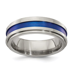 Edward Mirell Gray Titanium with Blue Anodized Stripe Flat Grooved Step Edge 7mm Band - Larson Jewelers