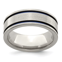 Edward Mirell Titanium Brushed with Blue Anodized Double Groove Flat 8mm Band - Larson Jewelers