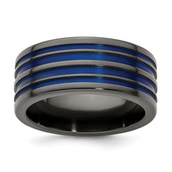 Edward Mirell Black Ti with Blue Anodized Grooves Flat 10mm Band - Larson Jewelers