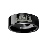 Animal Landscape Scene Five Deer Stag Hunting Ring Engraved Flat Black Tungsten Ring - 4mm - 12mm - Larson Jewelers