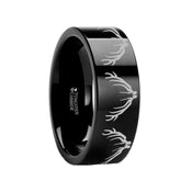 Deer Elk Antler Engraved Ring Flat Black Tungsten Ring Polished- 4mm - 12mm - Larson Jewelers