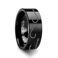 Fishing Hook Pattern Ring Engraved Flat Black Tungsten Ring - 4mm - 12mm - Larson Jewelers