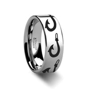 Large Polynesian Fishing Hook Pattern Ring Engraved Flat Tungsten Ring - 4mm - 12mm - Larson Jewelers